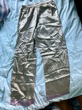 lola Satin Wide-Leg Pants in Pale Olive with Mauve Trim